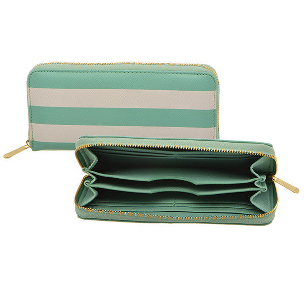 Mint green and white Striped Faux Leather Wallet